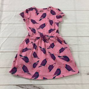 Spotted Zebra Kids Pink Bird Print Short Sleeve Cinch Waist Knit Dress Size 4-5